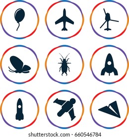 Fly icons set. set of 9 fly filled icons such as butterfly, beetle, plane, rocket, balloon, helicopter, paper plane