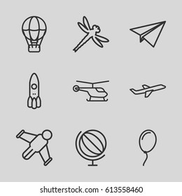 Fly icons set. set of 9 fly outline icons such as helicopter, plane, balloon, dragonfly, globe, paper plane, rocket, hang glider