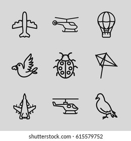 Fly icons set. set of 9 fly outline icons such as helicopter, dove, kite, plane, ladybug, love bird