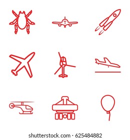 Fly icons set. set of 9 fly outline icons such as plane landing, plane, beetle, baloon, cargo plane back view, helicopter