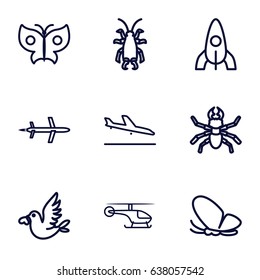 Fly icons set. set of 9 fly outline icons such as plane landing, butterfly, beetle, rocket, love bird, helicopter