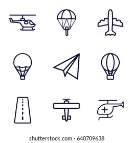 Fly icons set. set of 9 fly outline icons such as runway, paper airplane, plane, medical helicopter, air balloon, helicopter