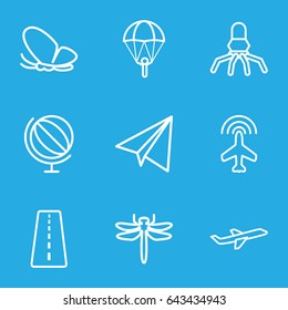 Fly icons set. set of 9 fly outline icons such as runway, plane, dragonfly, butterfly, paper airplane, globe, rocket