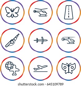 Fly icons set. set of 9 fly outline icons such as runway, plane taking off, helicopter, butterfly, globe and plane, plane