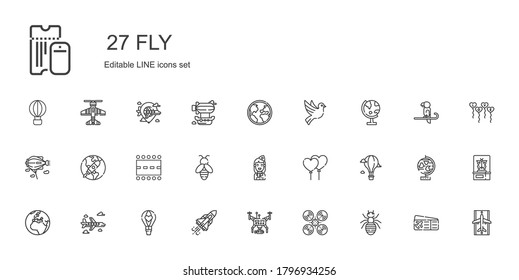 fly icons set. Collection of fly with ant, drone, space shuttle, hot air balloon, airplane, earth, balloons, stewardess, bee, runway, startup. Editable and scalable fly icons.