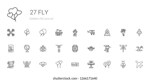 fly icons set. Collection of fly with balloon, airplane, boarding pass, ballons, balloons, butterfly, airship, control tower, heliport, drone. Editable and scalable fly icons.