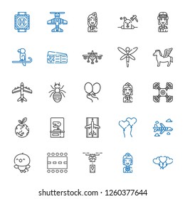 fly icons set. Collection of fly with balloons, stewardess, drone, runway, bird, airplane, ballons, dinosaur, planet earth, ant, pegasus, dragonfly. Editable and scalable fly icons.