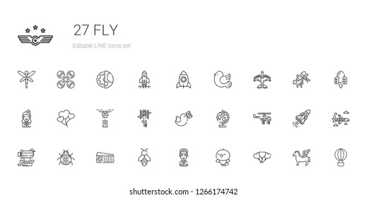 fly icons set. Collection of fly with balloons, bird, pilot, bee, plane ticket, ladybug, airship, helicopter, globe, pigeon, drone, stewardess. Editable and scalable fly icons.