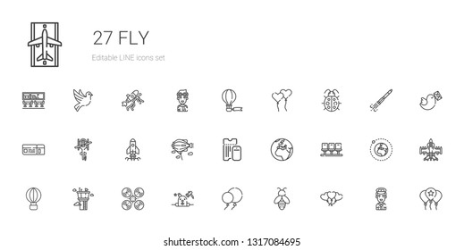 fly icons set. Collection of fly with balloons, bee, phantom, drone, control tower, hot air balloon, seats, earth, boarding pass, zeppelin, startup. Editable and scalable fly icons.