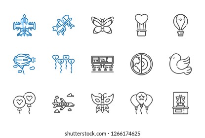 fly icons set. Collection of fly with butterfly, balloon, airplane, pigeon, earth, airport, balloons, zeppelin, hot air balloon, startup. Editable and scalable fly icons.