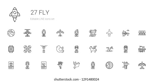 fly icons set. Collection of fly with earth, stewardess, dove, helicopter, dinosaur, pilot, butterfly, phantom, pegasus, pigeon, drone, heliport. Editable and scalable fly icons.