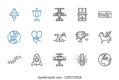 fly icons set. Collection of fly with earth, ant, airplane, rocket, worm, pegasus, zeppelin, phantom, balloons, startup, boarding pass, runway. Editable and scalable fly icons.