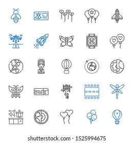 fly icons set. Collection of fly with hot air balloon, balloons, ballons, earth, airport, dragonfly, runway, helicopter, boarding pass, butterfly. Editable and scalable fly icons.