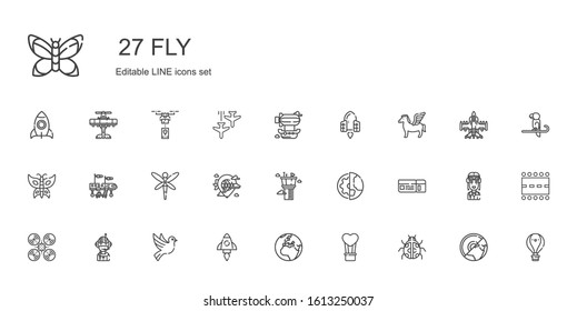 fly icons set. Collection of fly with ladybug, hot air balloon, earth, startup, dove, pilot, drone, boarding pass, planet earth, control tower. Editable and scalable fly icons.