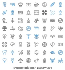 fly icons set. Collection of fly with mars rover, drone, stewardess, pigeon, startup, airplane, hot air balloon, earth, globe, bird, heliport. Editable and scalable fly icons.