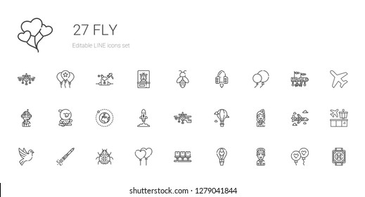fly icons set. Collection of fly with pilot, hot air balloon, seats, balloons, ladybug, rocket ship, dove, stewardess, airplane, startup, earth. Editable and scalable fly icons.
