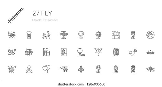 fly icons set. Collection of fly with stewardess, pilot, startup, helicopter, balloons, rocket, butterfly, heliport, dragonfly, hot air balloon. Editable and scalable fly icons.