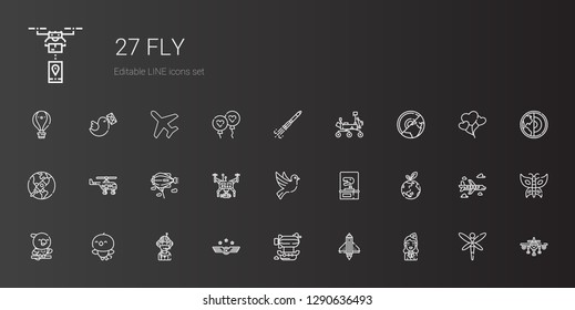 fly icons set. Collection of fly with stewardess, startup, airship, air force, pilot, bird, parrot, planet earth, dinosaur, dove, drone, zeppelin. Editable and scalable fly icons.