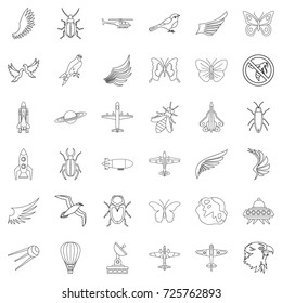 Fly icons set. Outline style of 36 fly vector icons for web isolated on white background