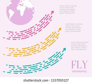 Fly infographics of three steps. Large Dotted arrows, red, yellow and green, fly around the earth. Template Vector background.