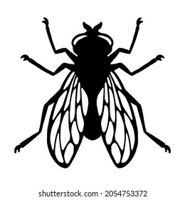Fly insect. Black silhouette. Design element. Vector illustration isolated on white background. Template for repellent.