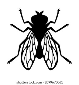 Fly insect. Black silhouette. Design element. Vector illustration isolated on white background. Template for repellent.