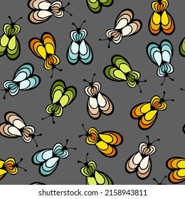 Fly Insect Cartoon Illustration Vector Seamless Pattern.  Baby Cloth Tissue Print. Honeybee Abstract Repeating Summer Pattern. Children Drawing Wallpaper.