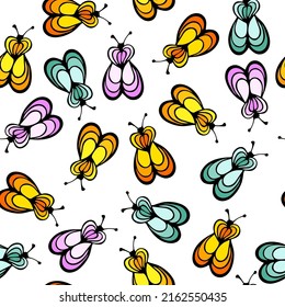 Fly insect cartoon illustration vector seamless pattern.  Baby cloth textile print. Honeybee abstract repeating summer pattern. Children drawing wallpaper.