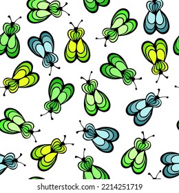 Fly insect cartoon illustration vector seamless pattern.  Baby cloth tissue print. Fly bug abstract repeating summer pattern. Children drawing sketch design.