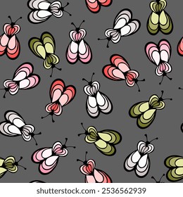 Fly insect cartoon illustration vector seamless pattern.  Baby cloth textile print. Fly bug abstract repeating summer pattern. Children drawing sketch design.