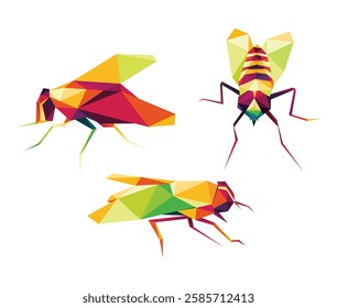 Fly insect colorful polygonal vector Set. Colorful Vector Collection of Fly Insect. Fly animal low poly abstract logo