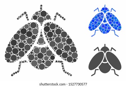 Fly insect composition of circle elements in different sizes and color tinges, based on fly insect icon. Vector circle elements are composed into blue mosaic.