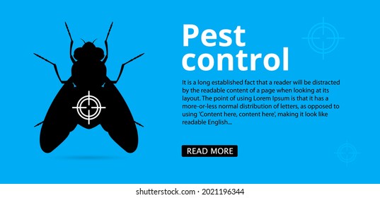Banner web de control de vuelo e insecto con espacio de texto. Silueta de una mosca sobre un fondo azul. Control y tratamiento de los locales 