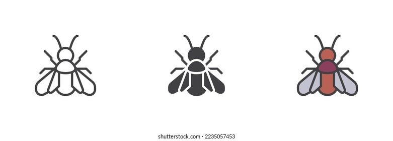 Mosca insecta un conjunto de iconos de estilo diferente. Línea, glifo y contorno relleno versión colorida, contorno y signo vectorial relleno. Símbolo, ilustración del logotipo. Gráficos vectoriales
