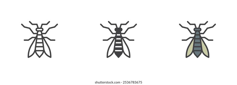 Fly insect different style icon set. Line, glyph and filled outline colorful version, outline and filled vector sign. Symbol, logo illustration. Vector graphics