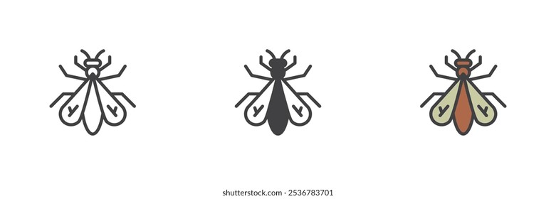 Fly insect different style icon set. Line, glyph and filled outline colorful version, outline and filled vector sign. Symbol, logo illustration. Vector graphics