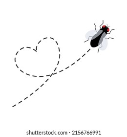 Fly Insect With Dotted Line Route. Flies With Heart Shape. Vector Illustration Isolated On White.