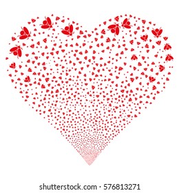 Fly Insect fireworks with heart shape. Vector illustration style is flat red iconic symbols on a white background. Object salute created from scattered pictograms.