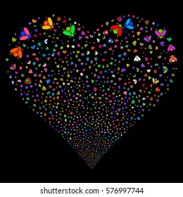 Fly Insect fireworks with heart shape. Vector illustration style is flat bright multicolored iconic symbols on a black background. Object valentine heart made from confetti pictograms.