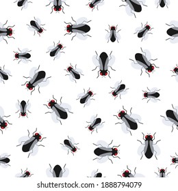 Fly insect flat vector seamless pattern background. Small flies isolated on white.