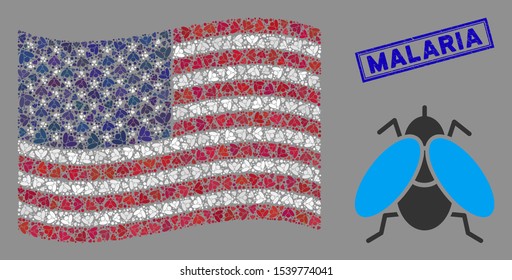 Fly insect icons are grouped into American flag stylization with blue rectangle corroded stamp seal of Malaria text. Vector concept of USA waving official flag is organized with fly insect icons.