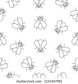 Fly insect linear seamless pattern background. Flies line character set. Vector illustration isolated on white.