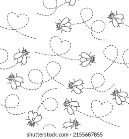 Fly insect linear seamless pattern background. Flies with line route set. Vector illustration isolated on white.	
