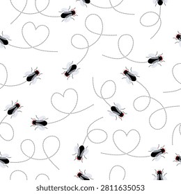 Fly insect linear seamless pattern background. Housefly with line dotted path set. Vector illustration isolated on white.	