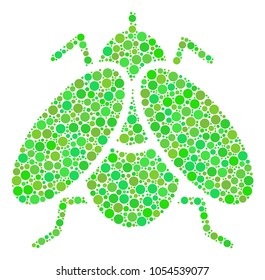 Fly Insect mosaic of circle elements in various sizes and fresh green color hues. Vector circle elements are organized into fly insect composition. Fresh vector illustration.