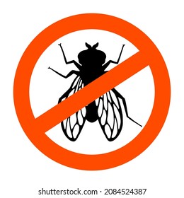 Fly insect. Prohibition sign. Black silhouette. Design element. Vector illustration isolated on white background. Template for repellent.