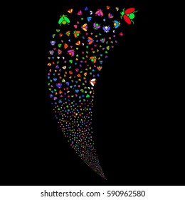 Fly Insect random fireworks stream. Vector illustration style is flat bright multicolored iconic symbols on a black background. Object fountain combined from scattered pictographs.