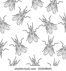 Fly insect seamless texture. Fly wallpaper, background. Doodle, sketch style. Modern design. Vector illustration