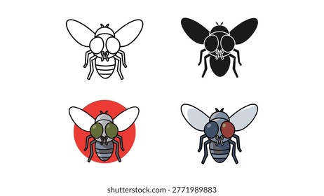 A fly insect is shown in four styles: detailed line drawing, solid silhouette, a colorful version with green eyes, and another with red and blue eyes.