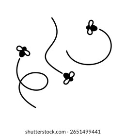 Fly insects flying around simple line style illustration icon. Picture of three flies with trajectory path lines isolated on the white background. Editable stroke.
